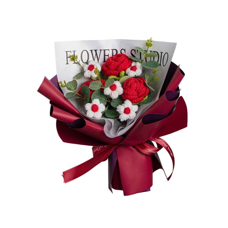 Häkelblumen-Sträuße mit Lichterkette und Geschenktüte Handgefertigte Gestrickte Sträuße Künstliche Rose für Muttertag Hochzeit