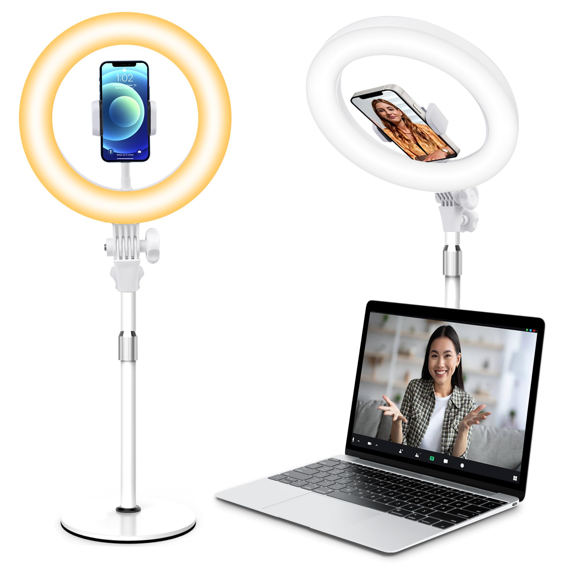 

Светодиодное кольцо Yarrashop для съемки и 10 смартфонов для онлайн-веб-конференций, 10 уровней 3 цветов, питание от USB, подставка для смартфона, металлическая, устойчивая белый