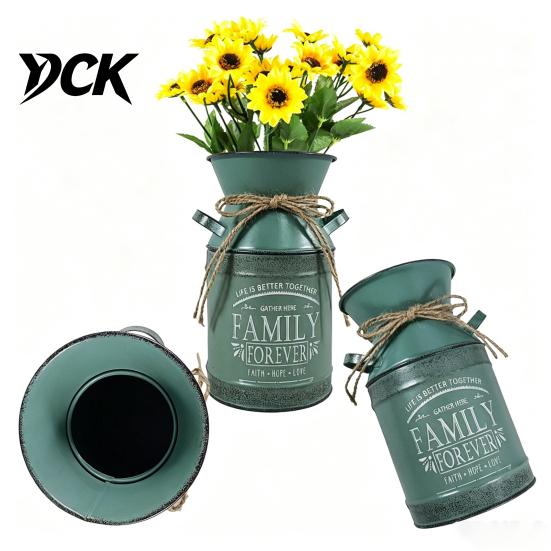 Stabile Schmiedeeisen-Handwerkskunst Vintage Metallmilchkannen-Vase, Bauernhaus-Blumenkübel mit Griffen & Jute Innenfenster-Ausstellungsdekor-Schleife, Shabby Dekorativ