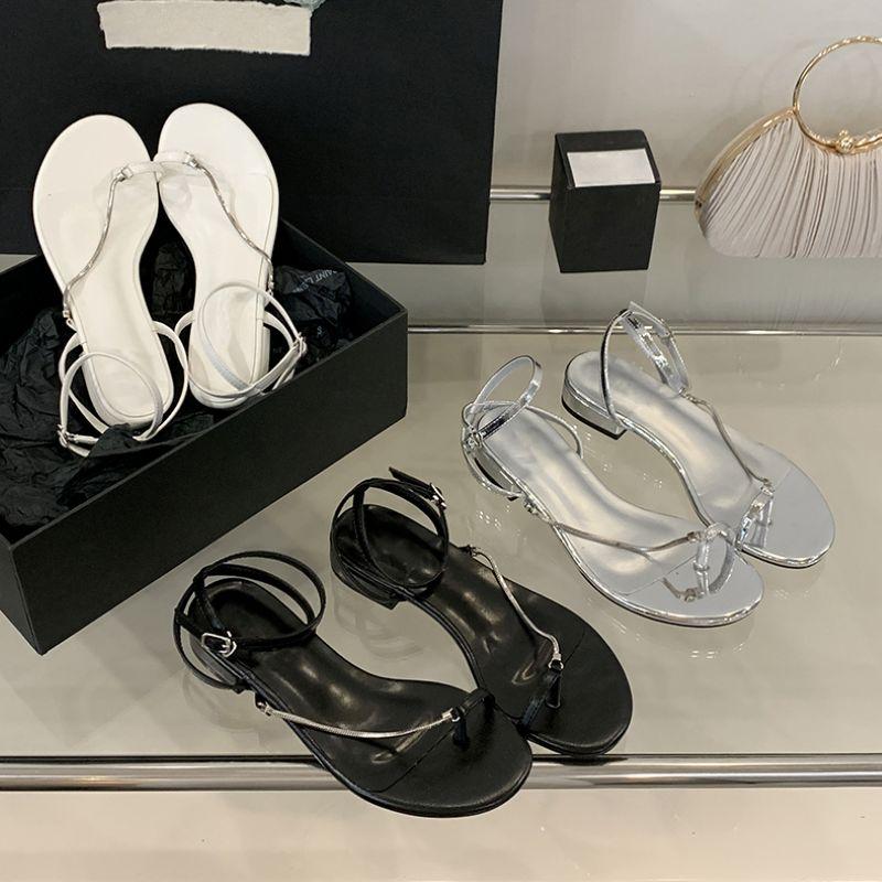 Eilyken Silver Chain Narrow Band Clip Toe Women Sandals Summer Buckle Strap Thin Low Heels Party Dress Shoes