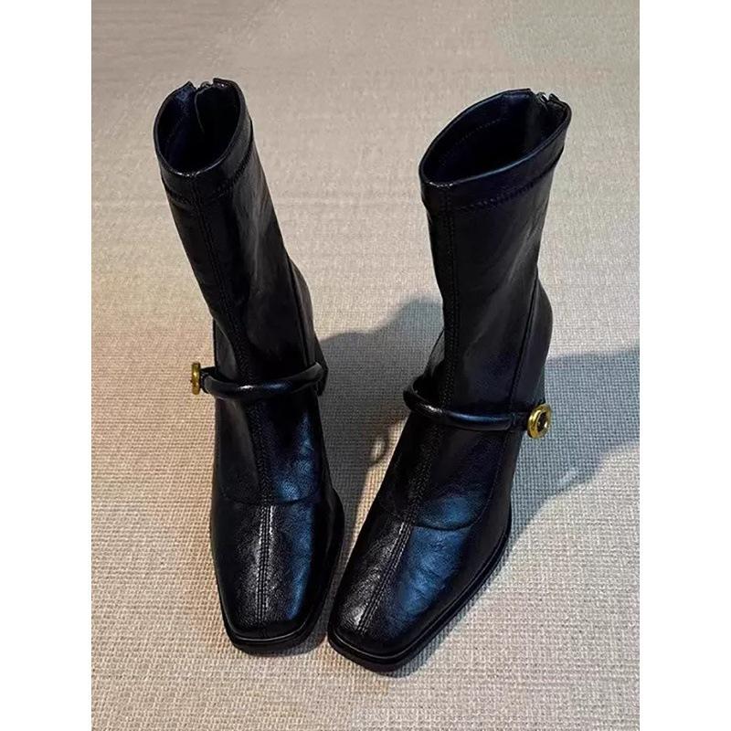Square Head High Heel Skinny Boots Women's French Coarse Heel Retro Back Zipper Short Boots Elastic Fashion Boots