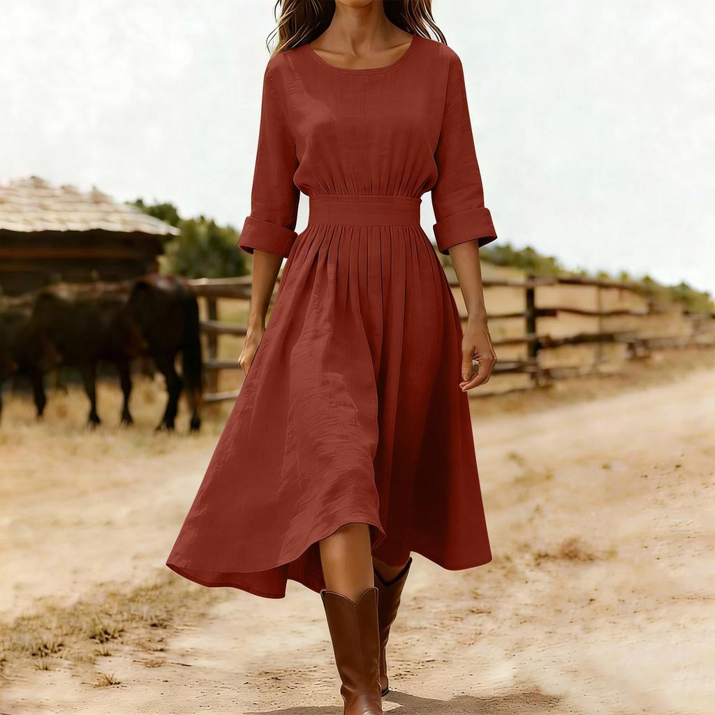 Damen Mode Rundhals Langarm Tailliert Lässig Baumwoll-Leinen-Mischung Kleid