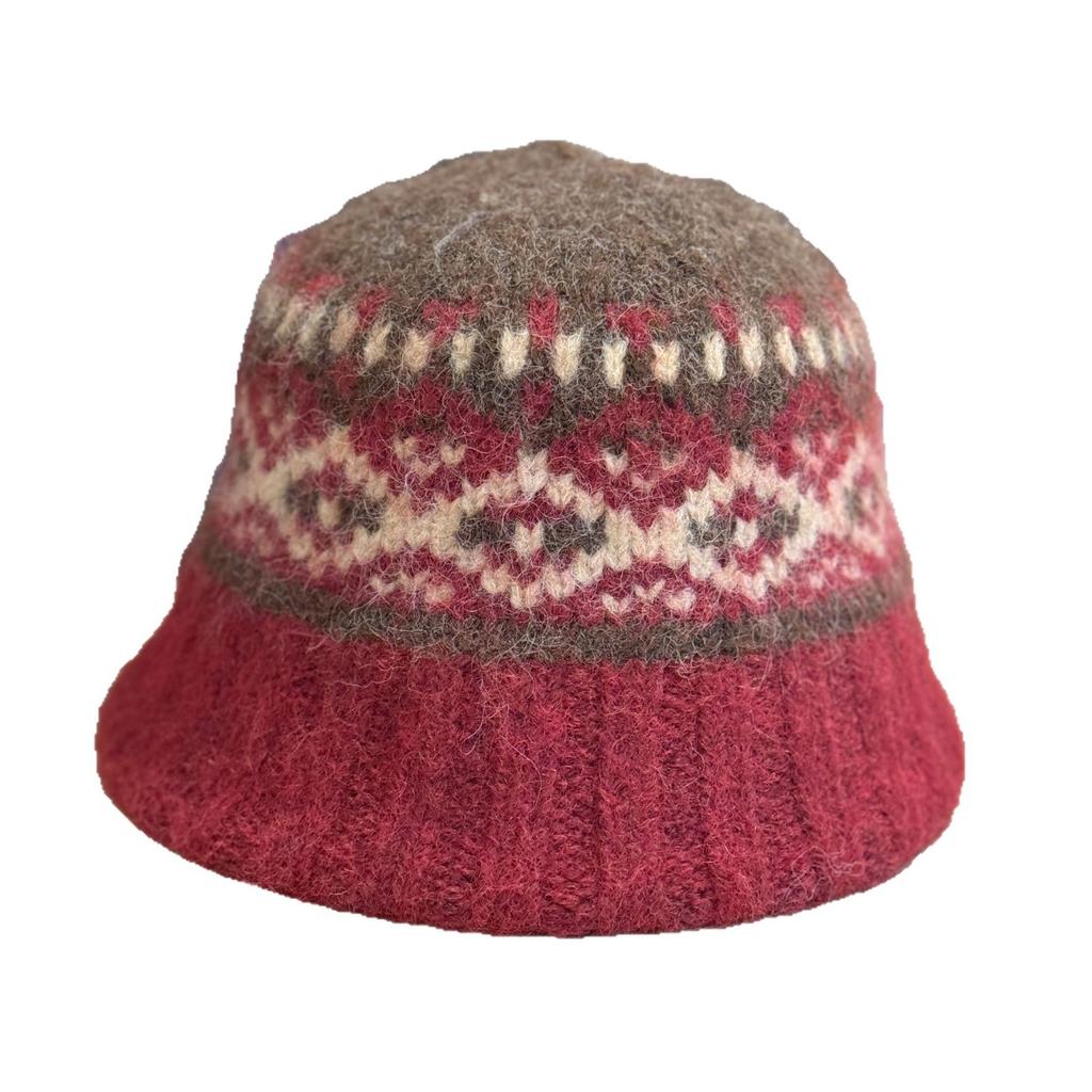 Autumn and Winter Thickened Fair Isle Style Knitted Fisherman Hat for Women Autumn Retro Wide Brim Face Showing Small Warm Basin Hat Trend