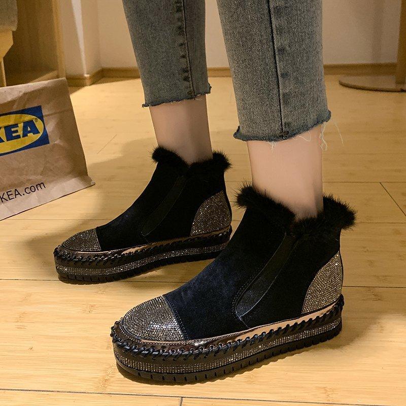 Luxus Fell Plateau Damen Knöchelhohe Stiefel Mode Strass Runde Zehen Design Dicke Sohle Damen Schneestiefel Winter Botas Große Größen