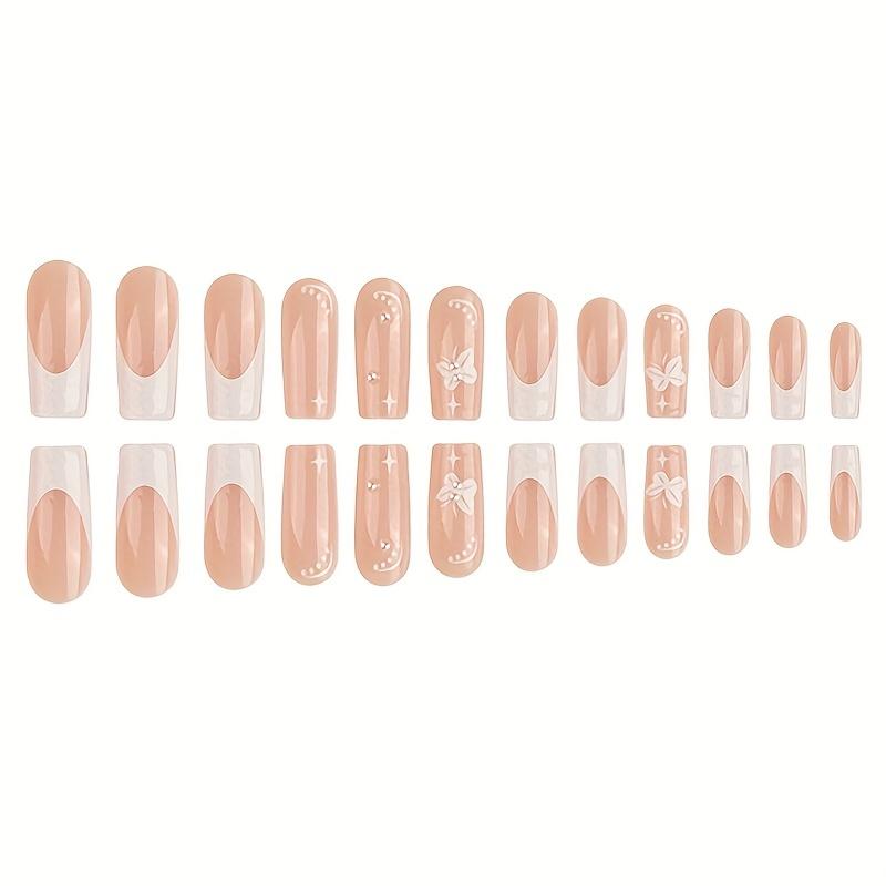 24pcs Press On Nails Long Coffin Fake Nails Nude False Nails With White Pearls Butterfly Design, Acrylic Nails With 1 Jelly Glue And 1 Nail File