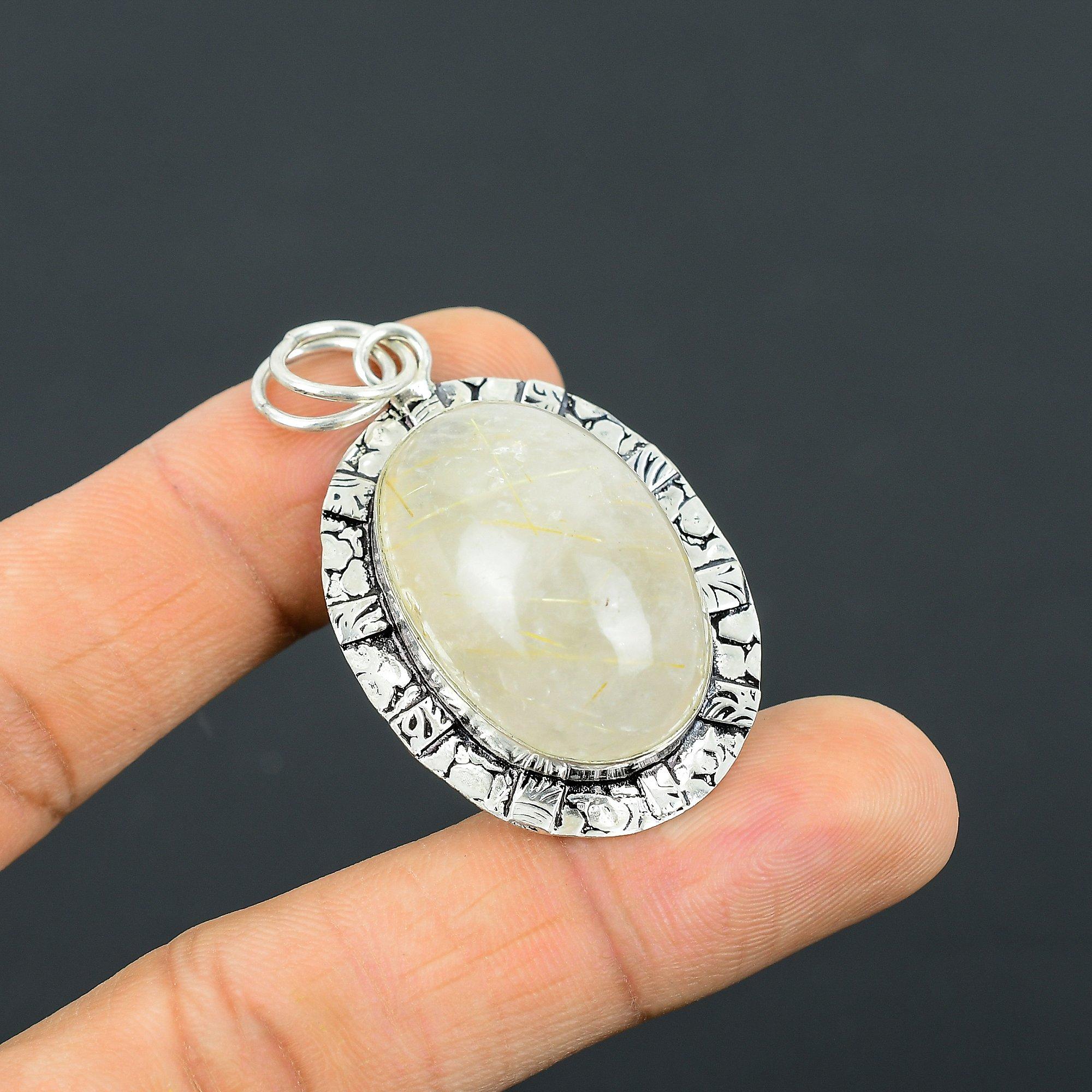 

Anniversary Gift For Her Natural Golden Rutile Gemstone Pendant 925 Silver