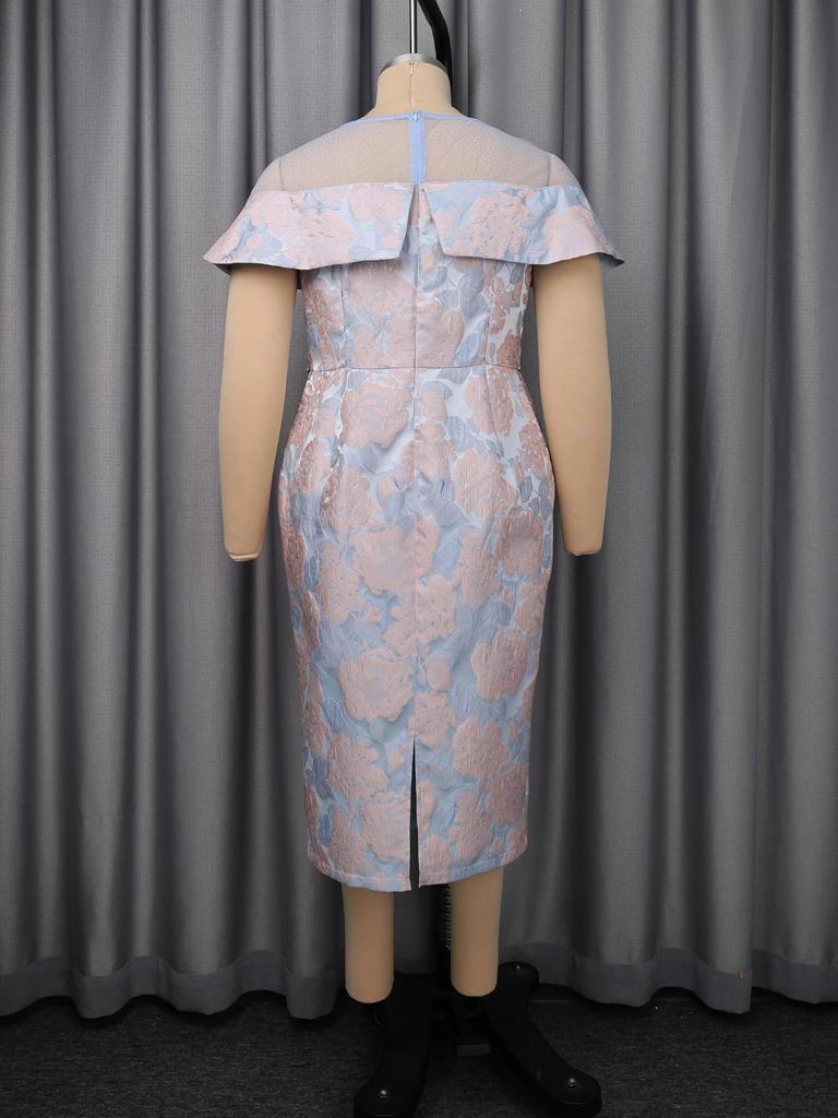 Plus Size Jacquard See-Through Collar Evening Midi Dress with Ruffle Waist and Hip-Hugging Fit