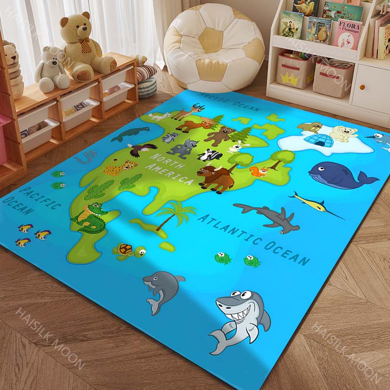 Cartoon Map of Five Continents with Animals Print Carpet for Living Room Bedroom Sofa Doormat Decor Kids Room Area Rug for Gifts