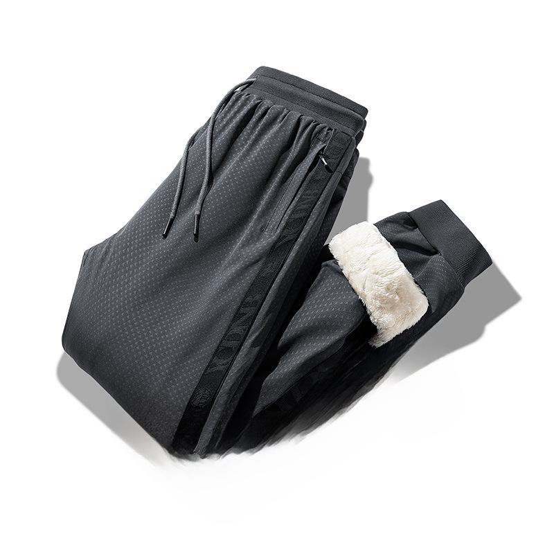 Men’s Warm Windproof Cotton Sweatpants: Large Size, Fleece-Lined Lambskin for Autumn & Winter