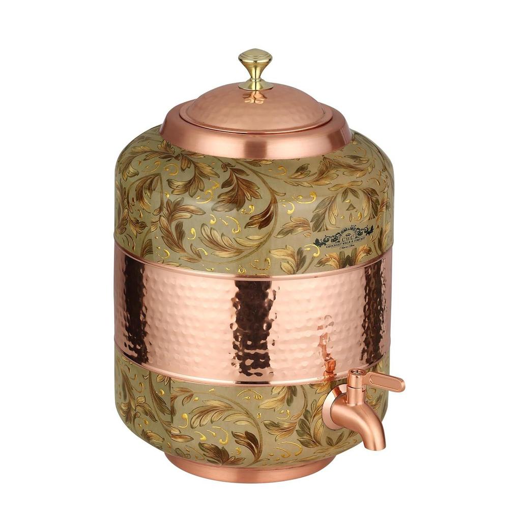 Copper Water Dispenser, Decorative Damask Pattern, Leak-Proof Tap, Heavy Weight (Gold, 18 Litres)
