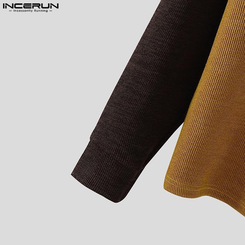 INCERUN Autumn Men Zip-up Lapel Long Sleeve Stitching Rib Knitted Pullovers Tops