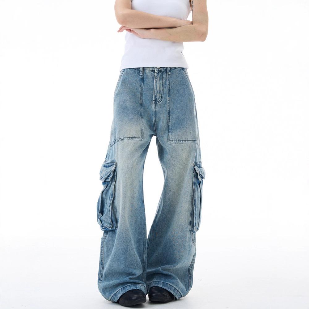 American retro light-color scimitar tooling jeans men's and women's loose, lazy and relaxed casual couple pants
