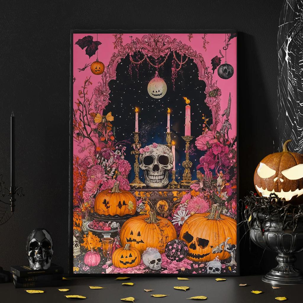 Halloween Posters and Prints Pink Gothic Art Canvas Prints Wall art Spooky Season Poster Wall Decor No Frame