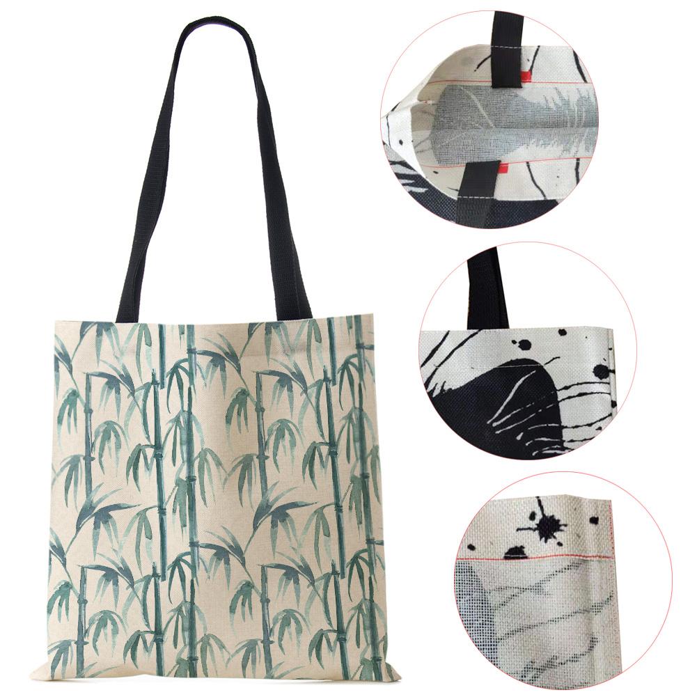 Lotus Leaf Bamboo Print Shopping Bags Women Folding Reusable Tote Shoulder Bag Scenery Canvas Casual Groceries Handbags 2022 CLE