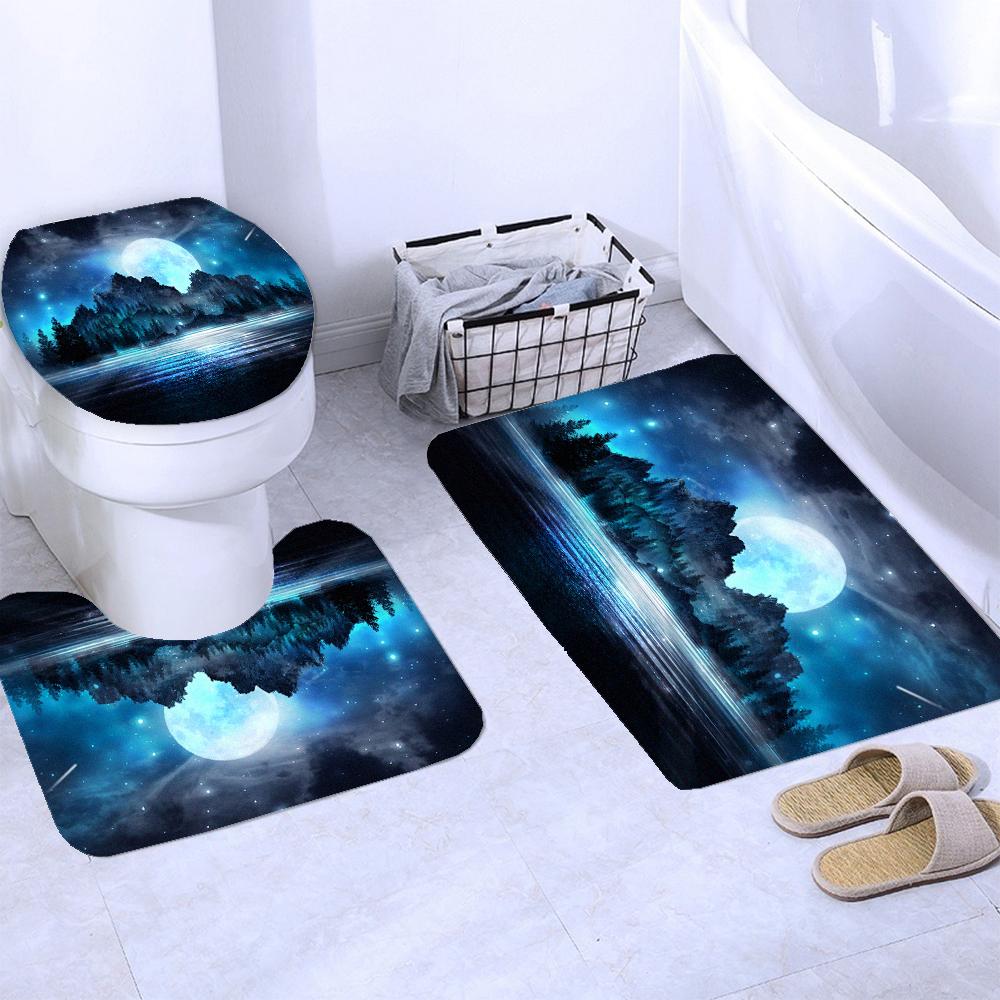 Waterproof Shower Curtain Set Moonlight Sea Starry Sky Scenery Bath Rug And Mats With Hooks Toilet Seat Cover Bathroom Decor