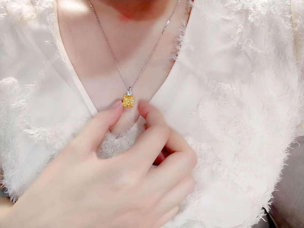 5 Carat Yellow Simulated Diamond Necklace for Women - S925 Silver Rectangle Pendant on Clavicle Chain