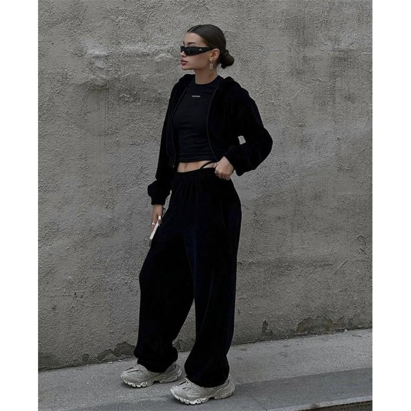 Womens Street Style Tracksuit Long Sleeve Zip Up Hoodie Elastic Waist Pants Two Piece Set