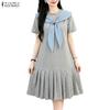 Women Casual Plaid Splice Round Neck Summer Short Sleeve Dress