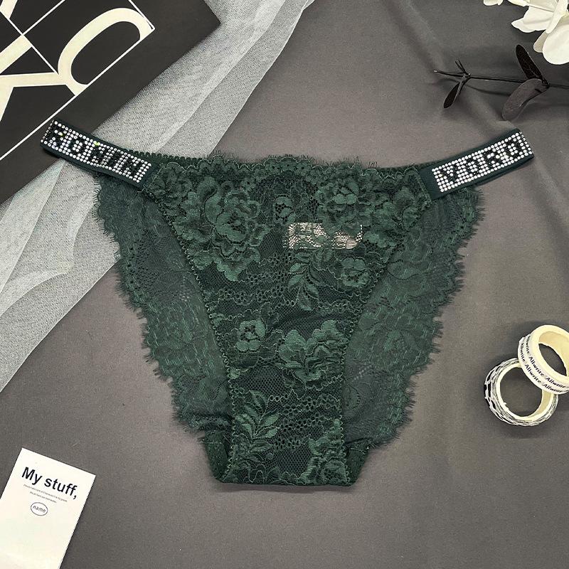

Горячие бриллиантовые сексуальные кружевные трусики-стринги с двойным поясом, бриллиантовые украшения, горячие простые дышащие полые легкие трусики-бикини One size темно-зеленого