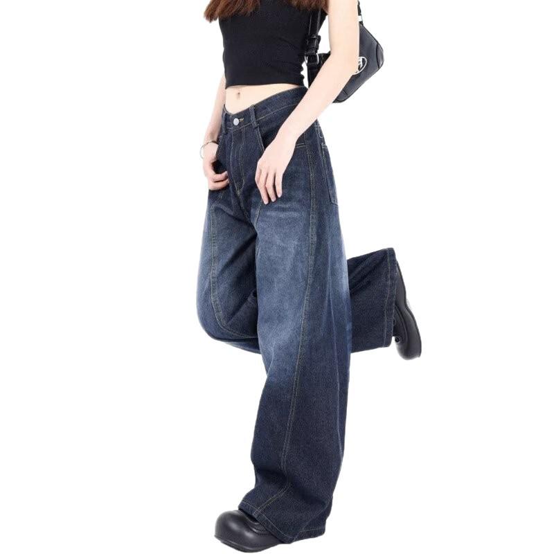 Unisex Vintage Curved-Leg Jeans, Spring/Autumn, High Street Loose Wide-Leg Floor-Length Pants