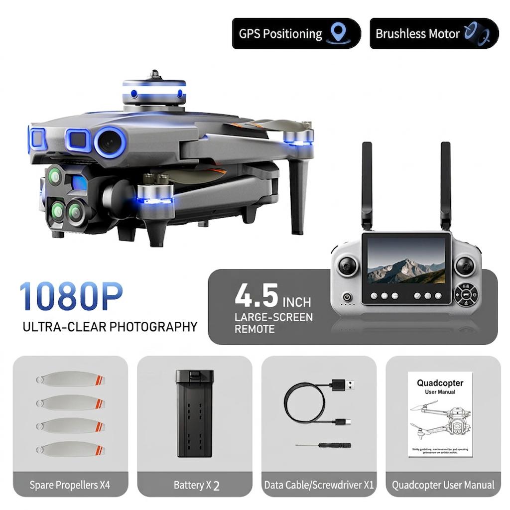 P52 GPS Drone with 4K HD Camera 4.5 Inch Screen Remote Control Brushless Motor Obstacle Avoidance RC Quadcopter Professional Photography Helicopter
