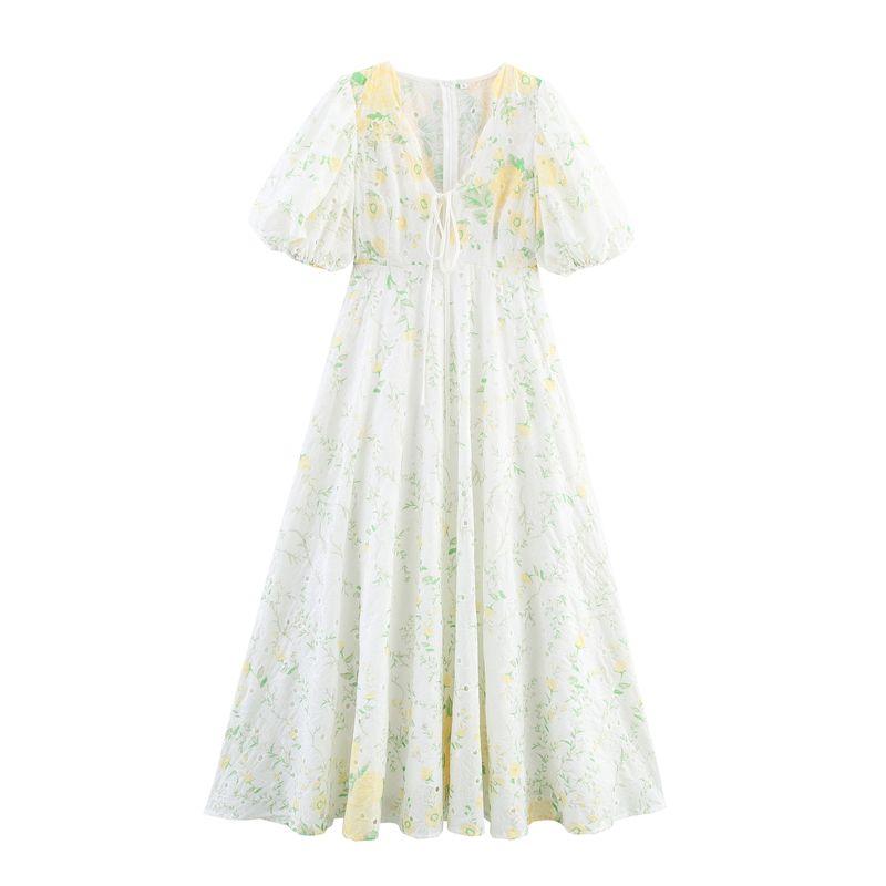 Zab Autumn New Women Clothes Western Style French Style Design Fresh V-neck Puff Sleeve Long Dress