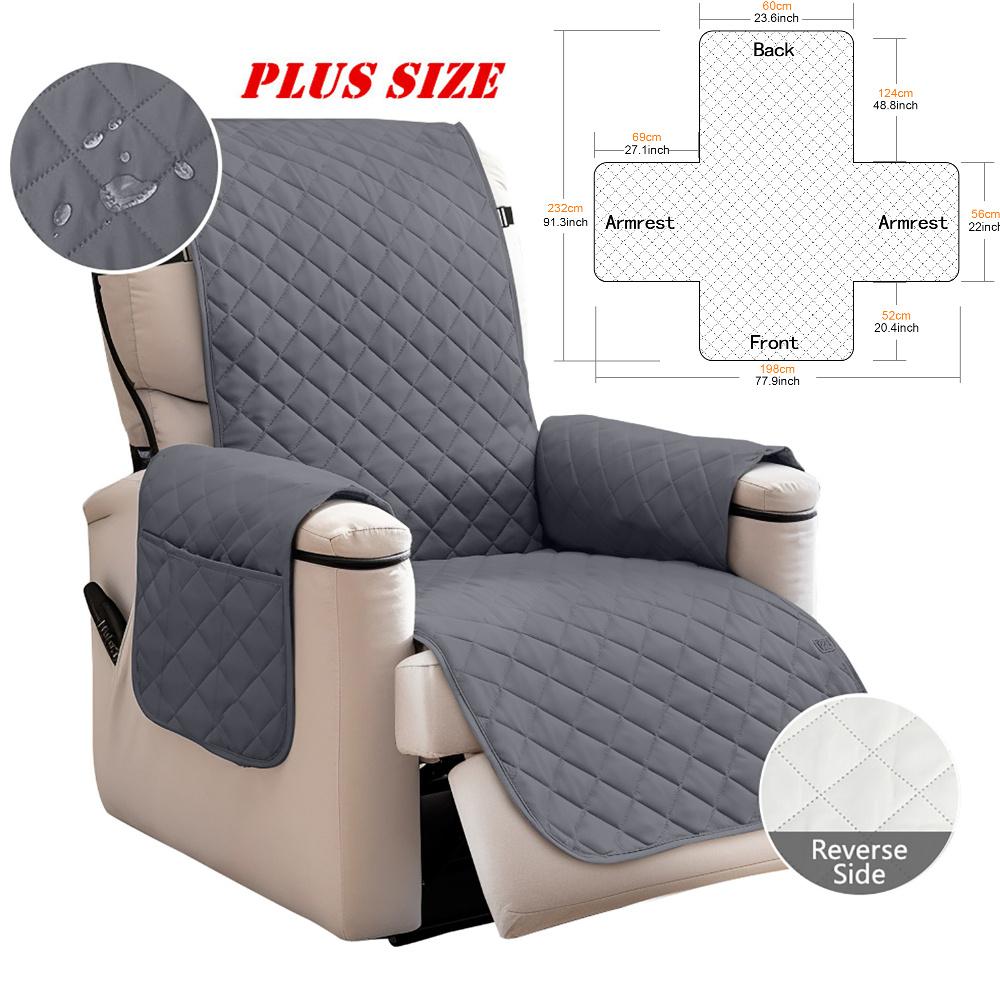 Quilted Recliner Sofa Cover Waterproof Armchairs Slipcovers Dogs Pets Kids Anti-Slip with Side Pockets Elastic Strap Protector