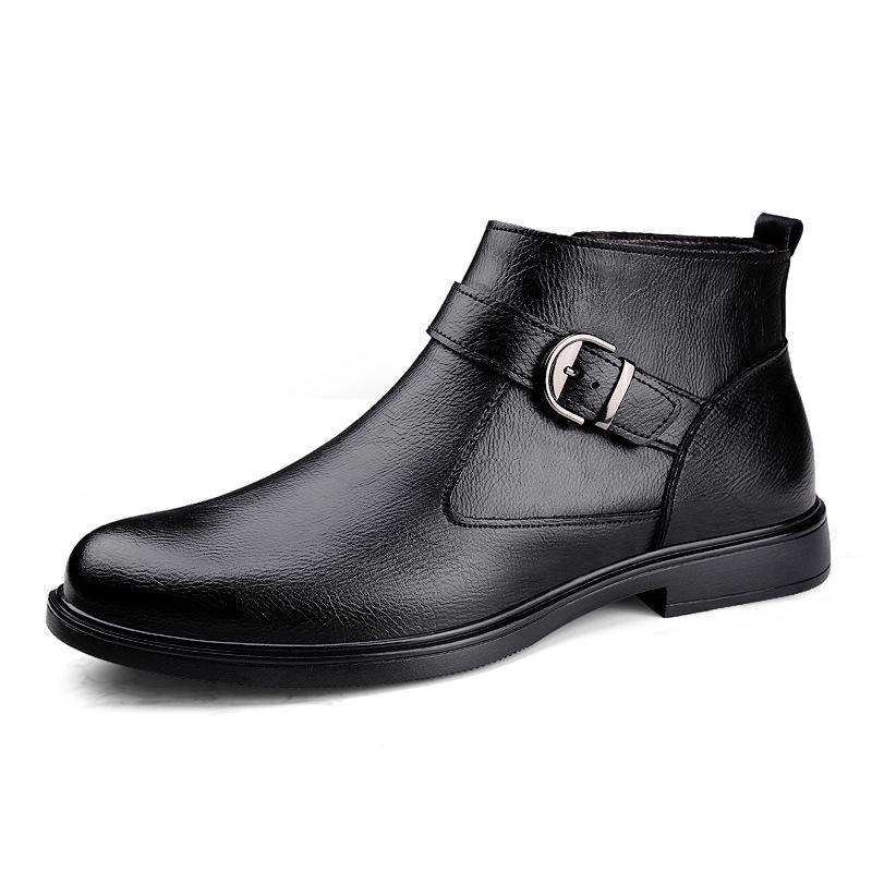 Men's High-Top Leather Slip-On Boots: Formal Casual Cowhide Shoes for Autumn/Winter with Warm Cotton, Large Sizes Available.