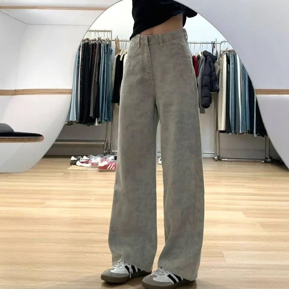 Design Sense Tie-dyeing Loose Straight Curved Cutaway Jeans Female High-waisted Skinny Draping Dragging Trousers Jeans for Women Long Denim Pants