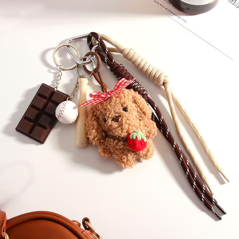 Kawaii Bowknot Puppy Doll Keychain Y2K Plush Doll Keyring Braided Rope Key Holder Women Bag Pendant Bag Key Accessories