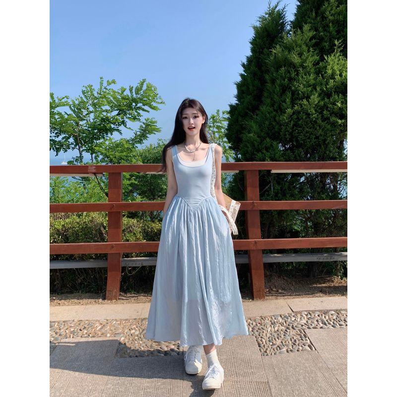 Kumikumi French Style Gentle Style Niche Vest Dress Women Summer Slim Fit Slimming Temperament Blue Large Swing Skirt
