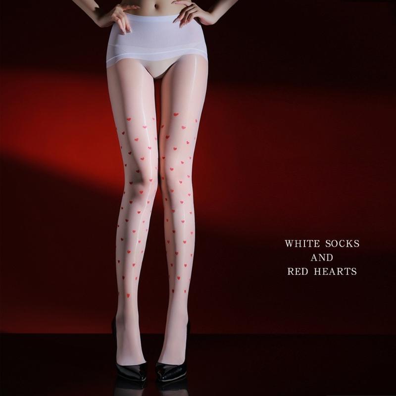 Stockings Women Heart Printing 360 Seamless Aurora 1D Ultra-Thin Pantyhose Sexy Open Crotch Oil Shiny Glossy Silky Sockings