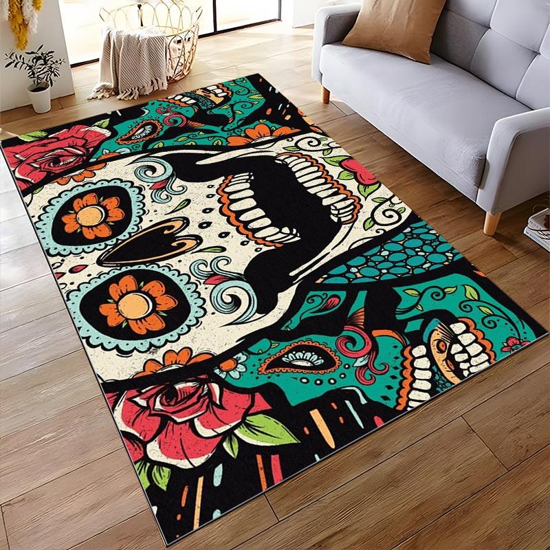 Colorful Sugar Skull Pattern Area Rug with Floral Artistic Design Suitable for use as an anti-slip for living room bedroom sofas
