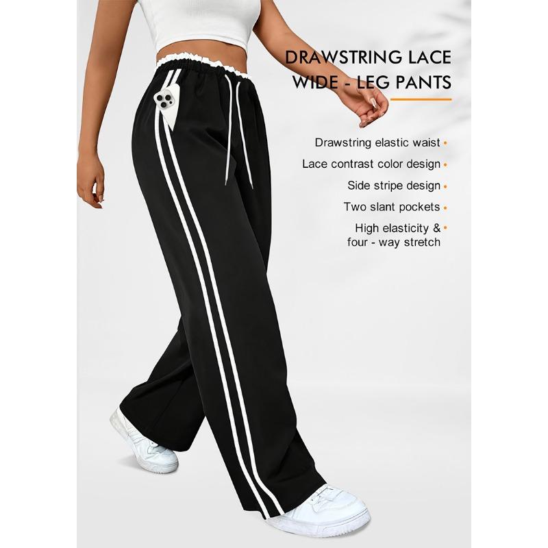 Women Casual Loose Drawstring Pockets Striped Straight Wide Leg Cropped Pants