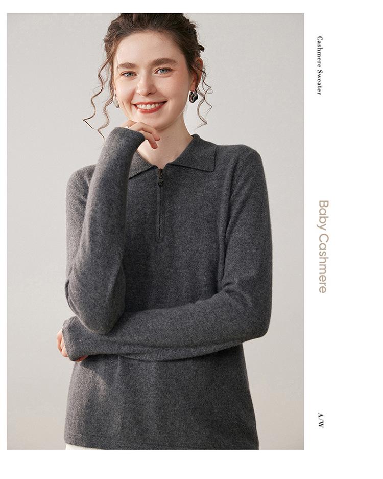 Women's Long-Sleeve Cashmere Half-Zip Polo Neck Sweater - Casual, Versatile, and Comfortable