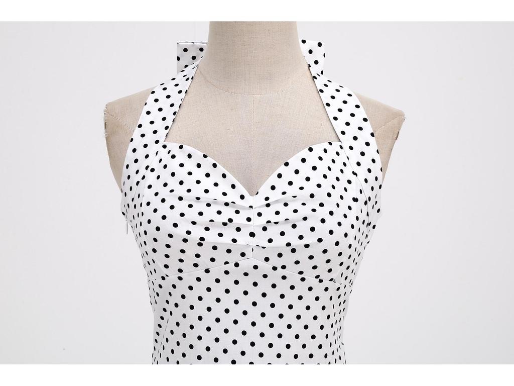 Retro Polka Dot Halter Backless Lace-up Bodycon Waist-Cinching Long-Sleeved Dress for Women