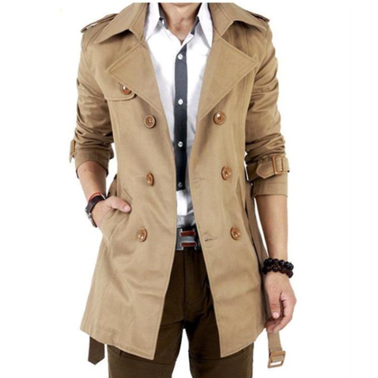Trench-coat mi-long pour homme printemps et automne couleur unie beau slim double boutonnage hauts