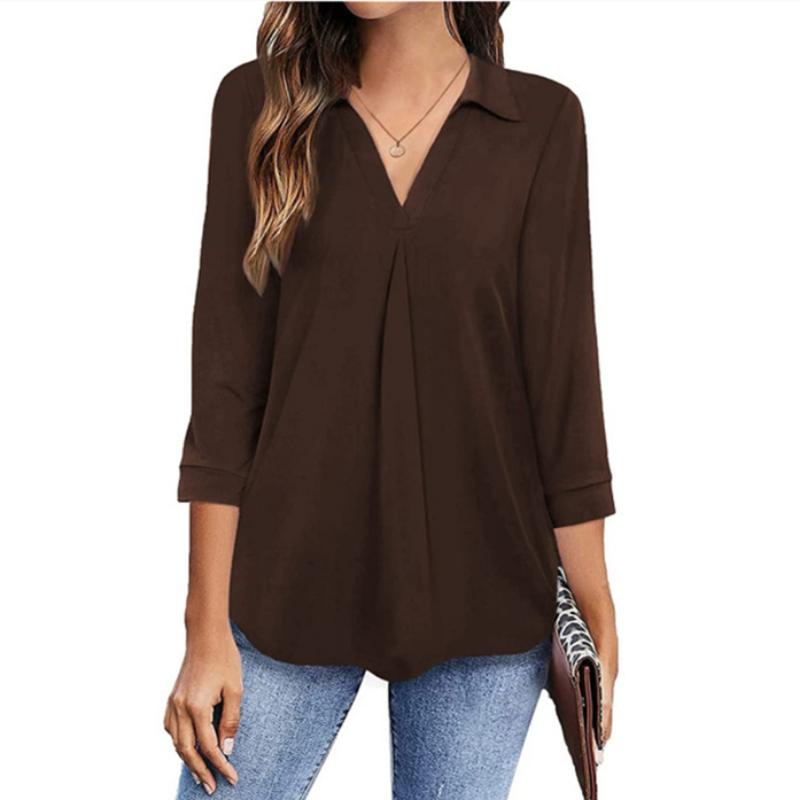 

YYFS женские модные повседневные летние весенние однотонные принты с рукавами 3/4 и воротником-поло блузки и рубашки XXL