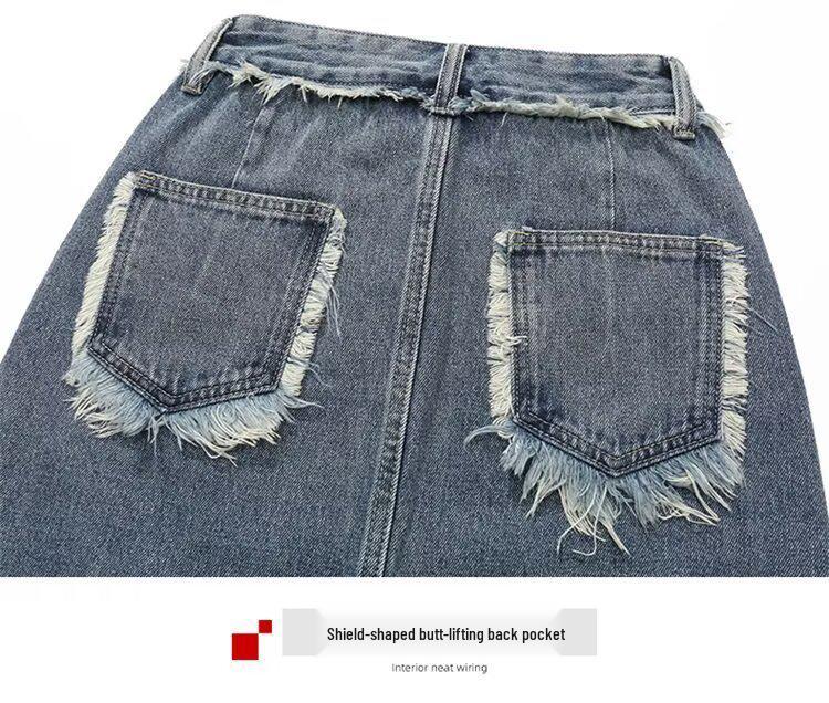 Damen Vintage High Waist A-Linien Denim Midi-Rock mit Fransen-Saum und Trendy Schlitz