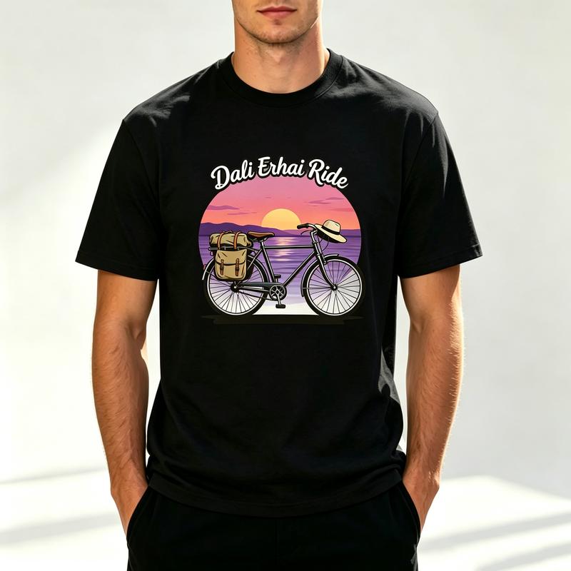 Dali Erhai Ride Sunset Bicycle Graphic Print T Shirt Unisex Unisex 100 Cotton Short Sleeve Casual Outdoor Cycling Travel Tee