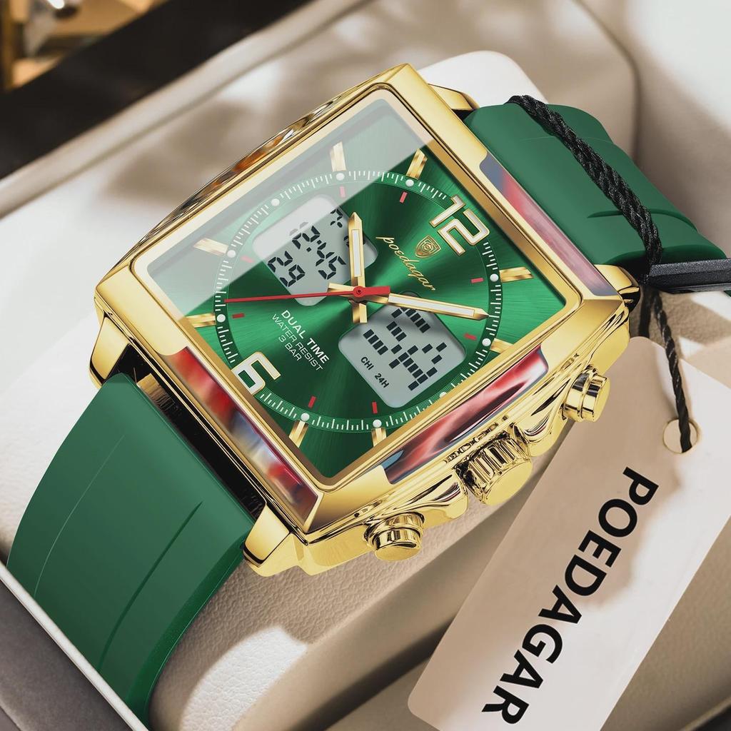POEDAGAR Luxury Man Watch Electronic Square LED Alarm Chronograph Men's Watches Week Date Dual Time Display Men Quartz Clock