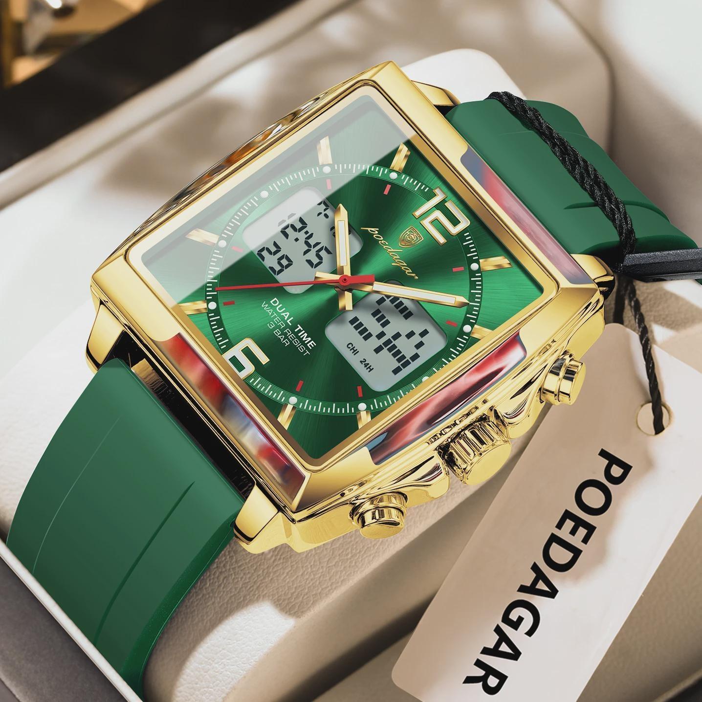 

POEDAGAR Man Watch Electronic Square LED Alarm Chronograph Men s Watches Week Date Dual Time Display Men Quartz Wristwatch зелений/золотий