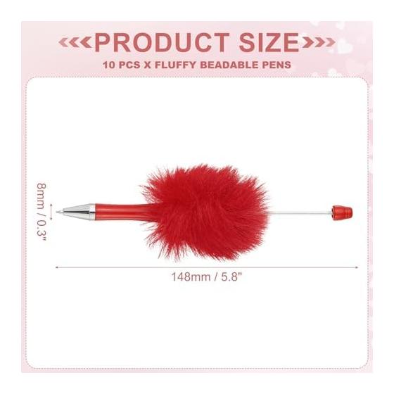 PATIKIL Fluffy Beads Pen, Plush Faux Fur Plastic Bead Ballpoint Pen for DIY Gifts, Writing, Office Supplies - 10 Pcs (Red)