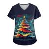 Women's V-neck Christmas Print Short-sleeved Pocket Side Slit Uniform Top