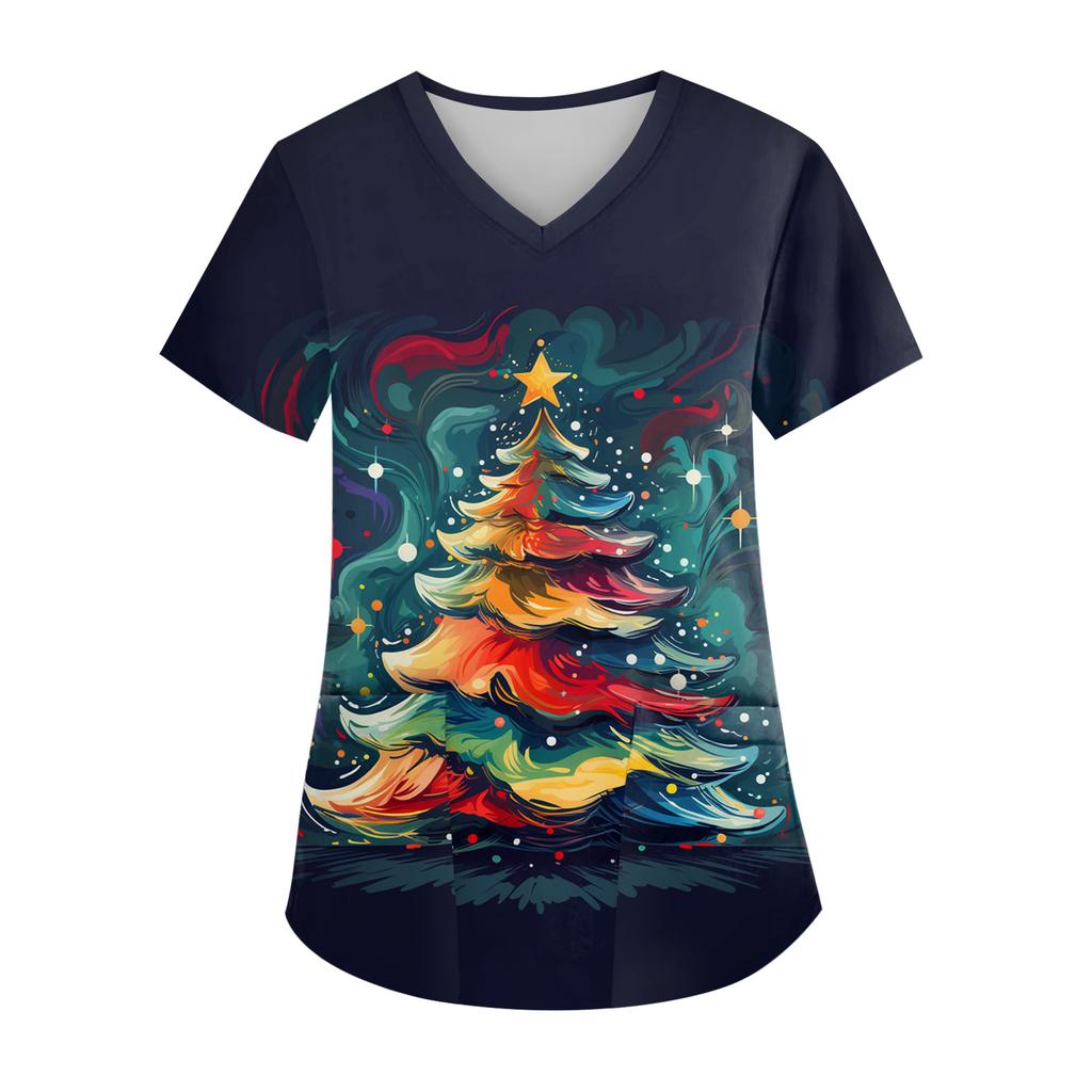 Women's V-neck Christmas Print Short-sleeved Pocket Side Slit Uniform Top