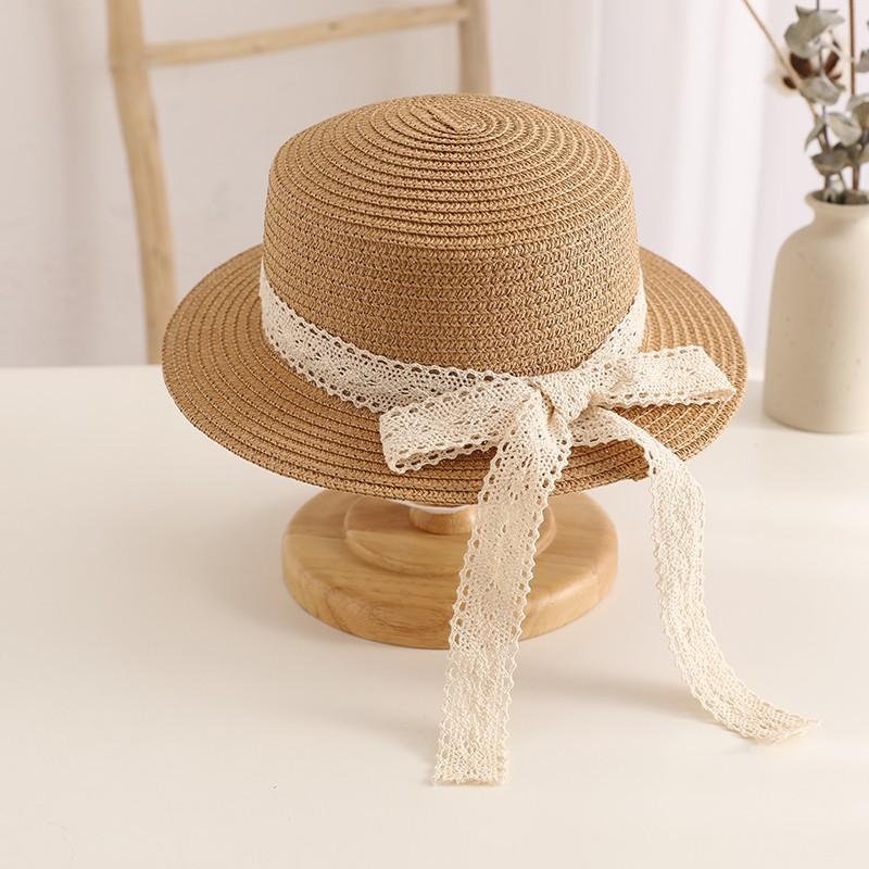 Lace Bow Straw Hat Baby Sun Hat Girls Beach Hat British Tide Top Hat Flat Top Sun Hat