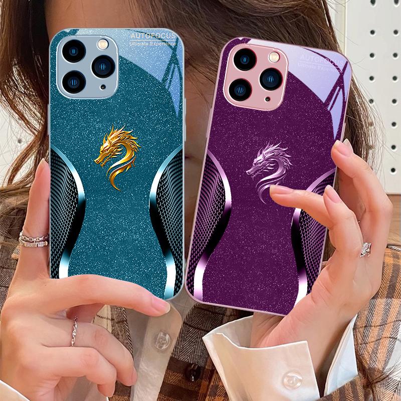 Zlatá Dračí Hlava Zelená Pro IPhone 16 Pro Max 15 Pro 14 13 12 Mini 11 XS M Ax XR 7 8 Plu SE 2022 Tvrzené Sklo Pouzdro na Telefon