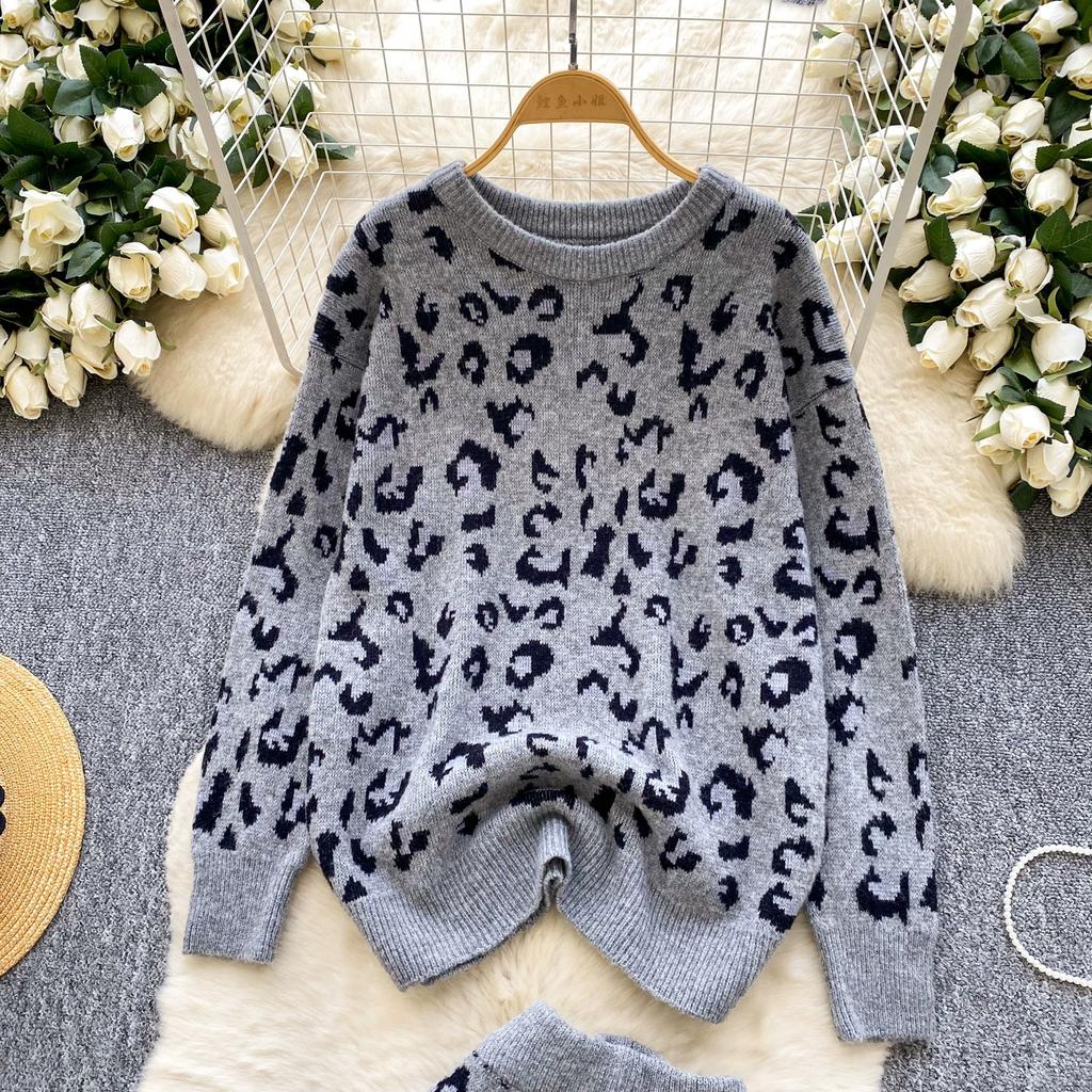 Automne Hiver Femmes Décontracté Imprimé Léopard Tricoté Pull Pantalon Ensemble Deux Pièces Manches Longues Hauts Pull et Short Taille Élastique Survêtement
