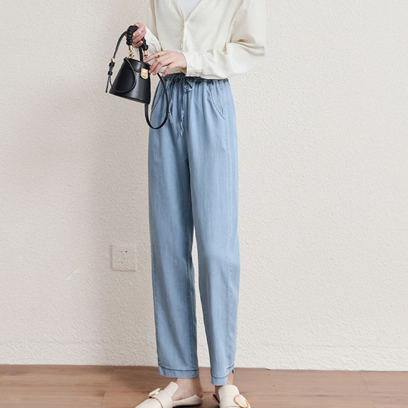 Small Plus Size Women Clothing South Korea Elastic High Waist Tencel Chubby Girl Thin Casual Loose Capri Harem Pants Jeans