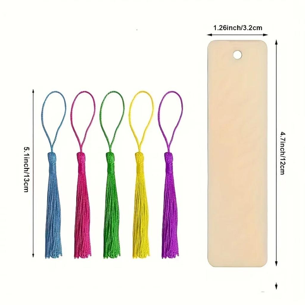 50pcs Wooden Blank Bookmarks DIY Wooden Craft Bookmarks Wooden Laser-cut Wooden Pendants Wooden Square Tags Tassel Color Random